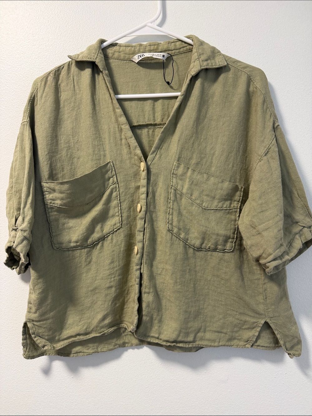 Zara Light Olive Short-Sleeve Linen Button-Down Shirt